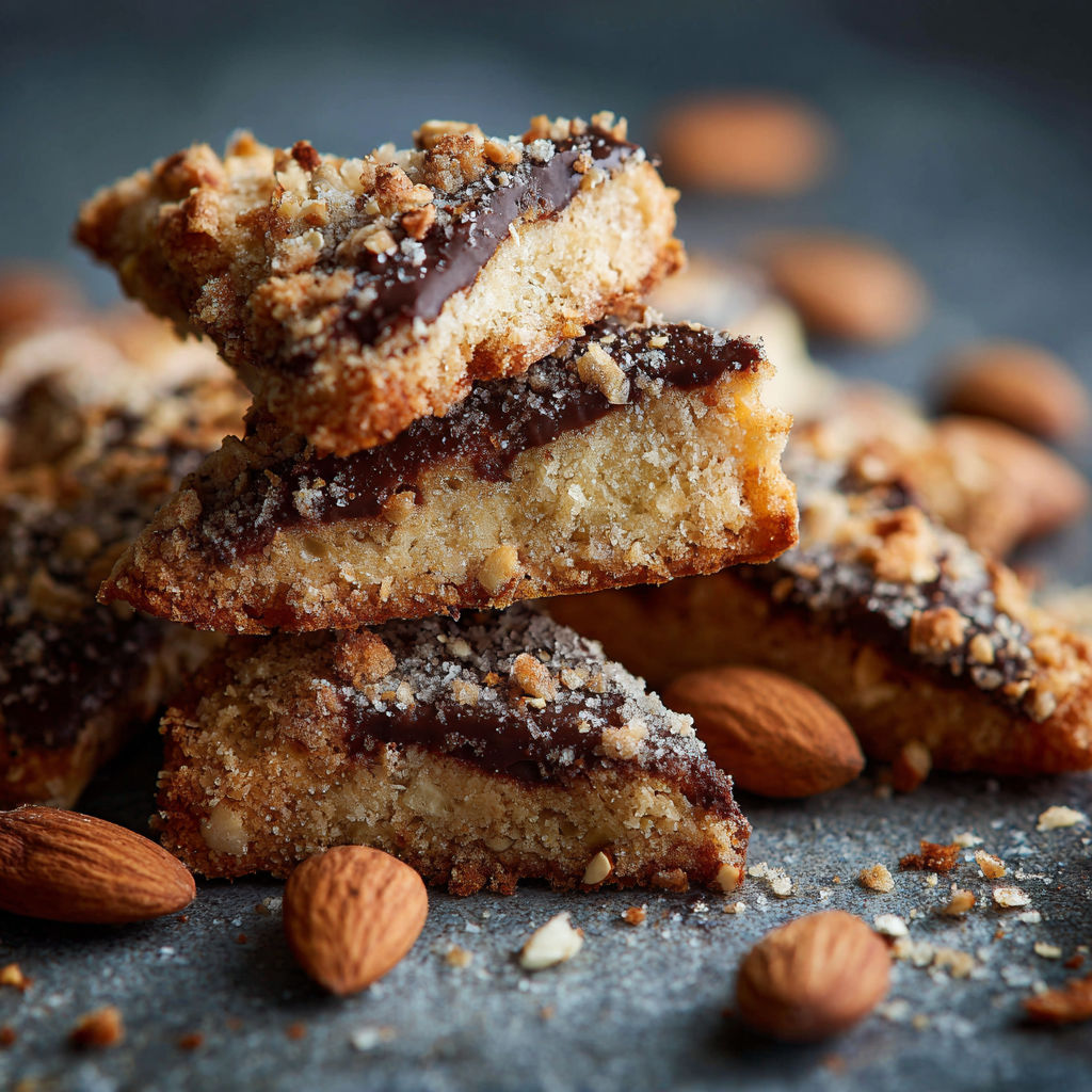 A stack of cookies with almonds on top.