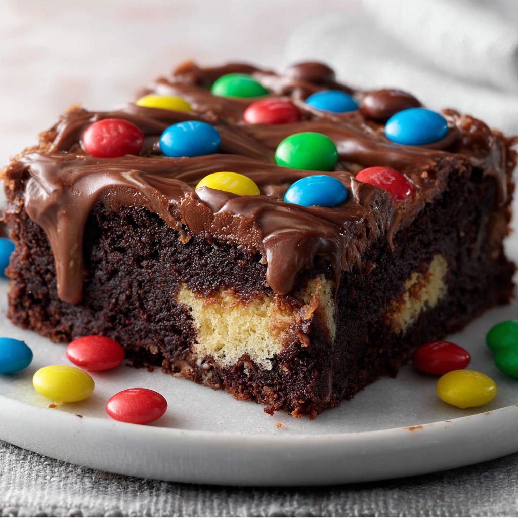 A chocolate cake with M&M's on top.