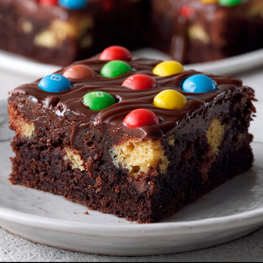 A piece of chocolate cake with chocolate icing and colorful candies.