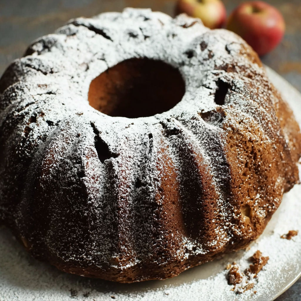 A cake with powdered sugar and a slice of apple on top.