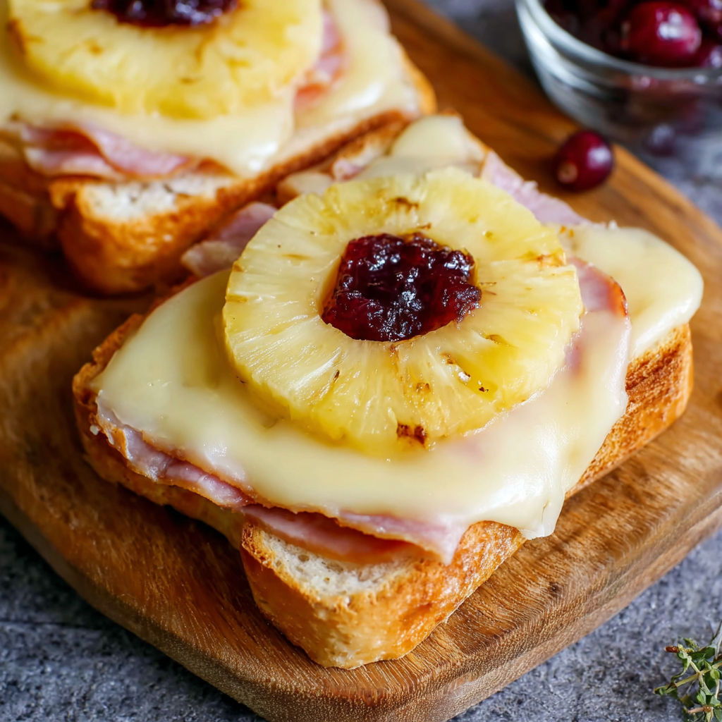 A slice of pineapple toast with cheese.