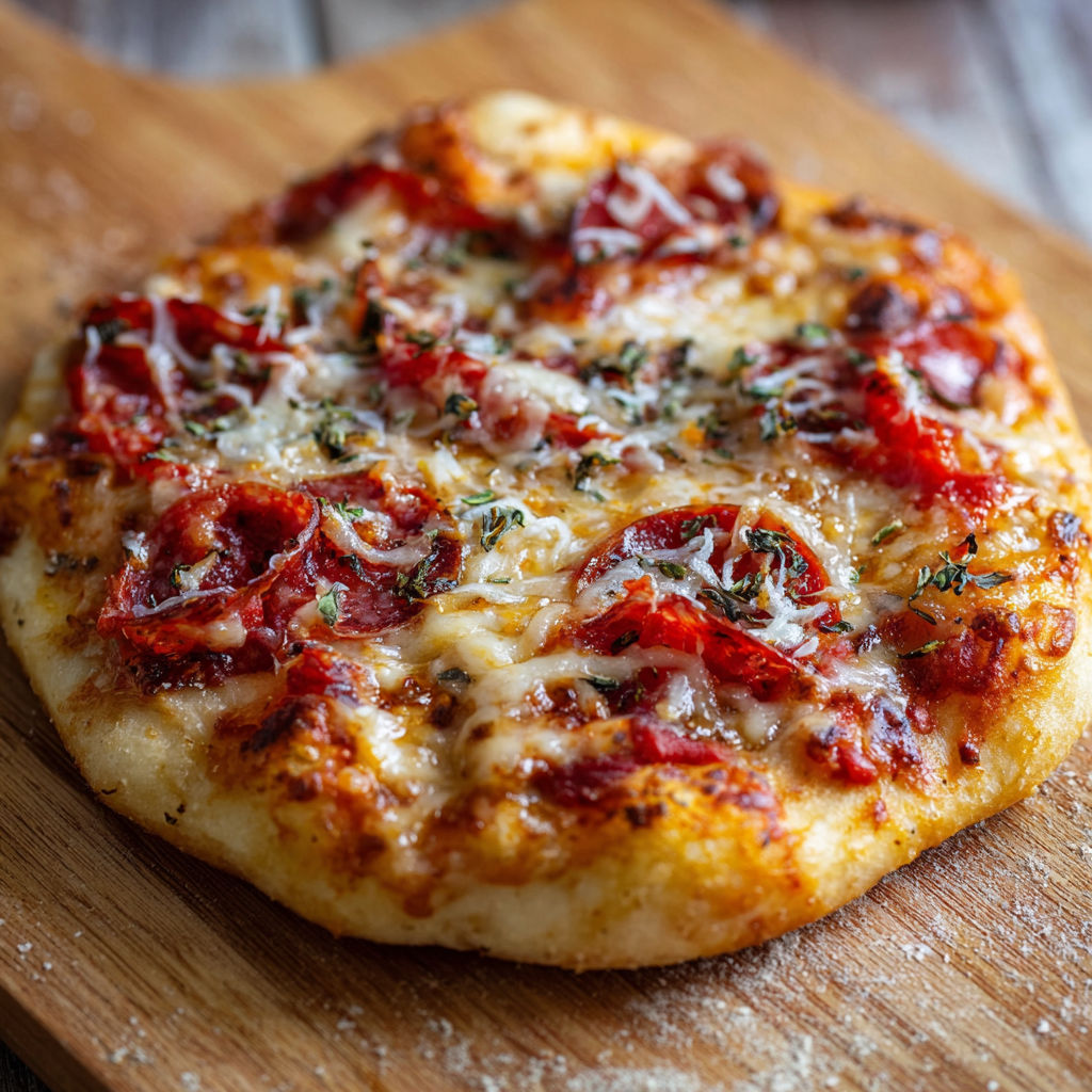 A pizza on a wooden board.