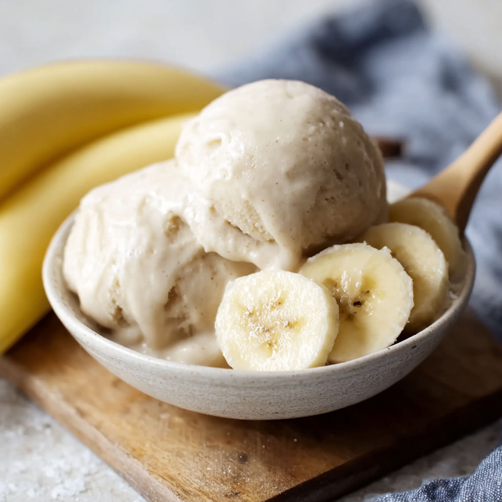 A bowl of ice cream with bananas on top.