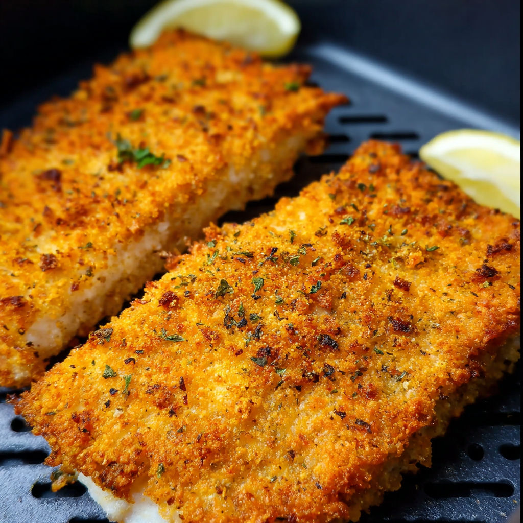 Two pieces of breaded fish on a grill.