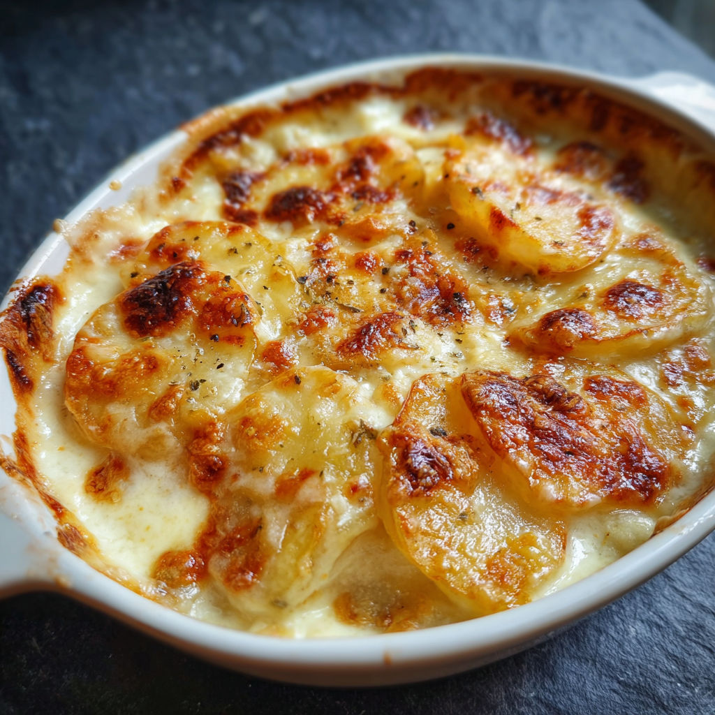 A bowl of food with the word gratin on it.