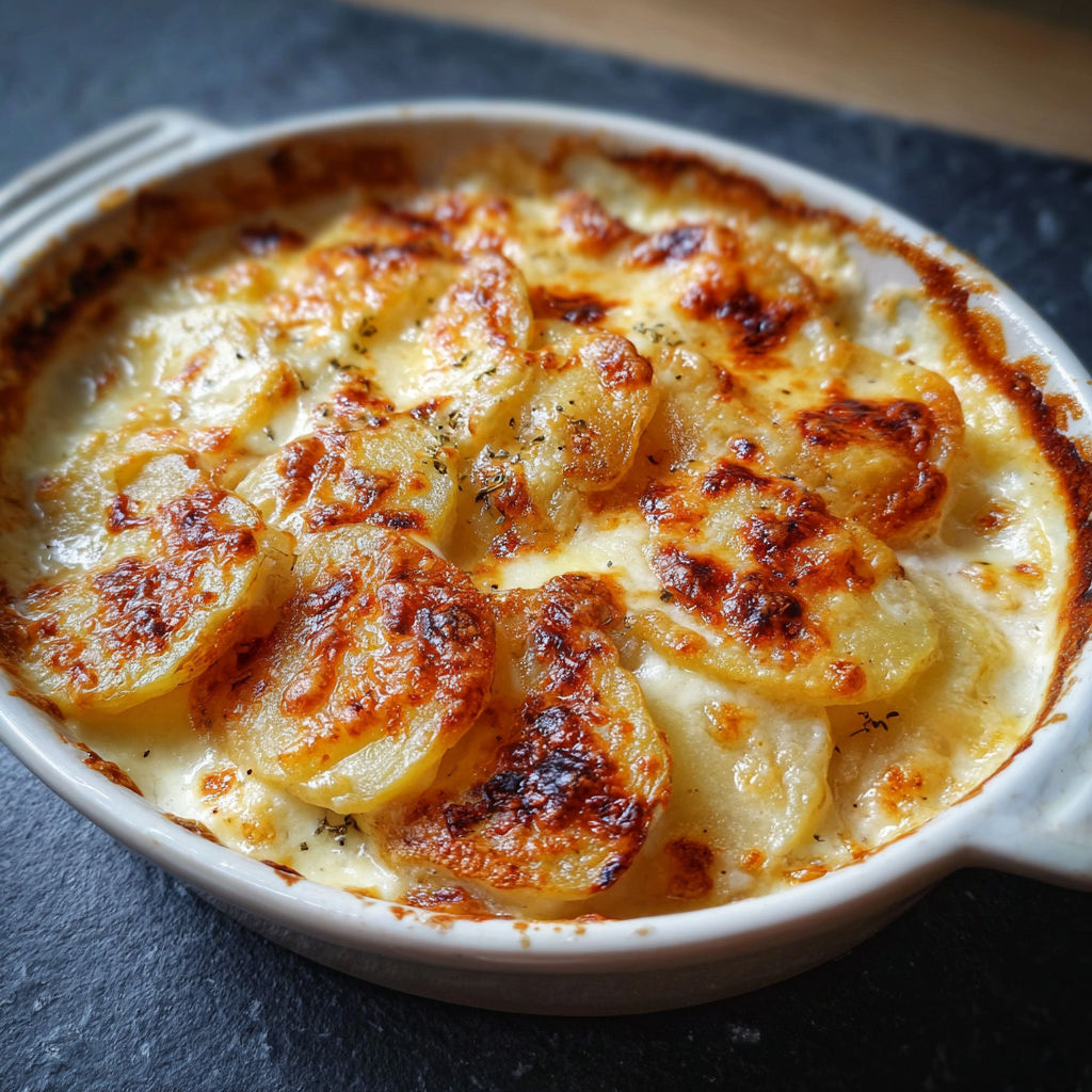 A bowl of food with the word gratin on it.