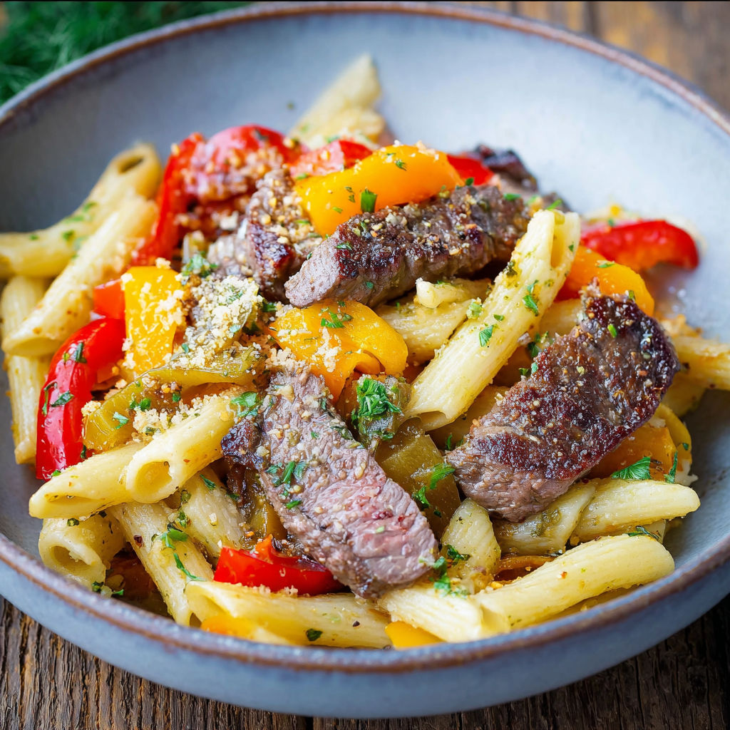 A bowl of pasta with meat and peppers.