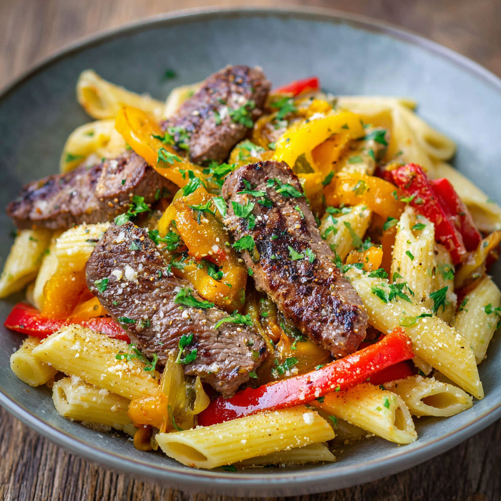 A plate of pasta with meat and vegetables.