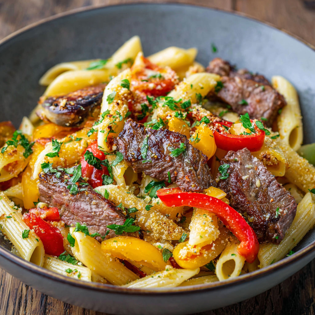 A bowl of pasta with meat and vegetables.