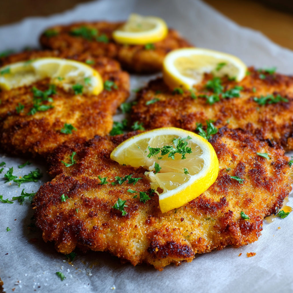 A plate of breaded chicken with lemon wedges on top.