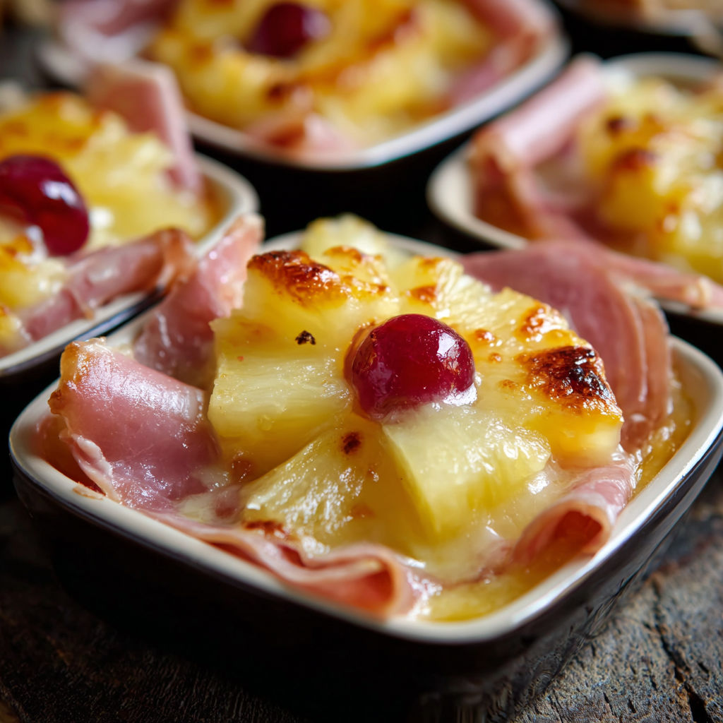 A plate of pineapple and ham covered in cheese.
