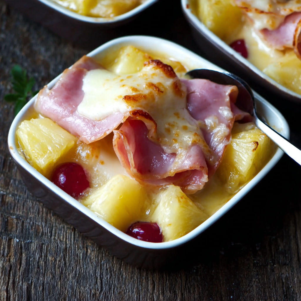A bowl of pineapple and ham.
