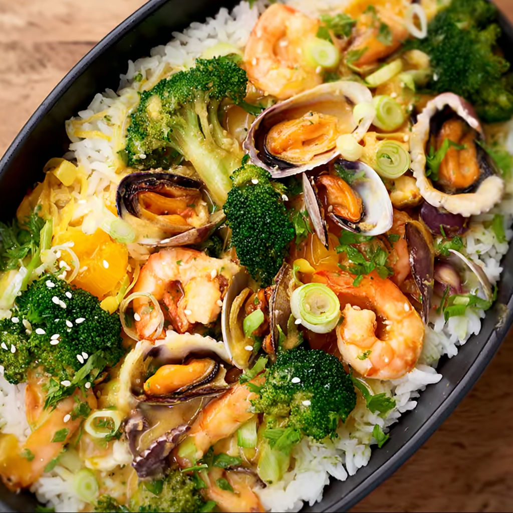 A bowl of food with shrimp, rice, and broccoli.