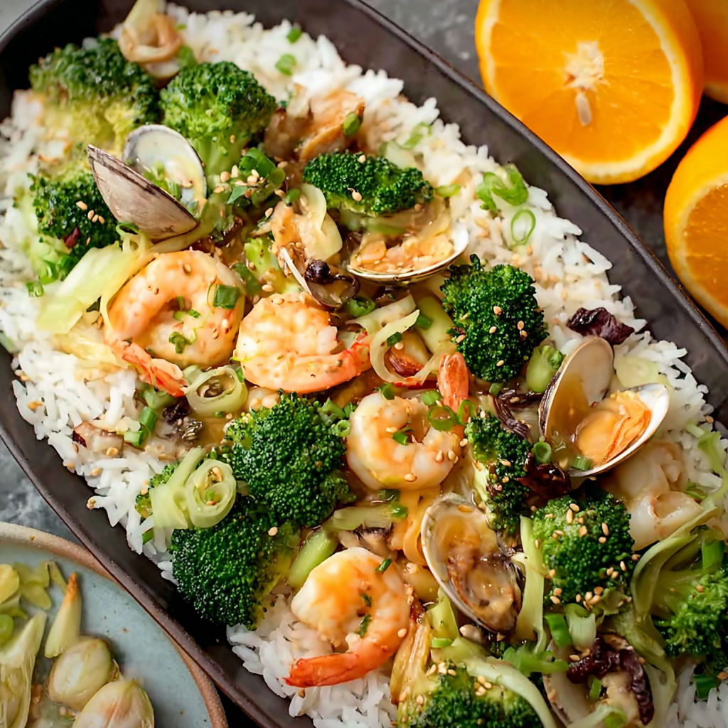 A dish of shrimp and broccoli.