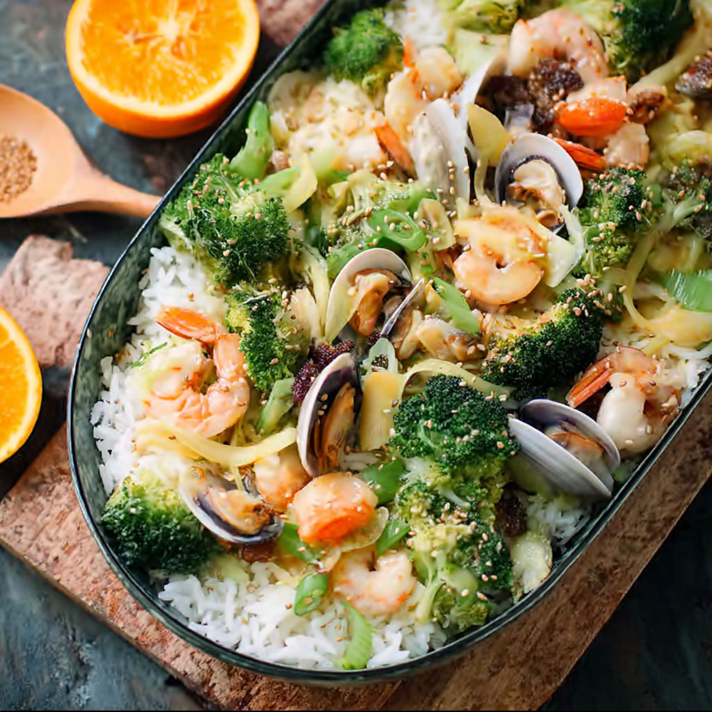A dish of shrimp and broccoli.