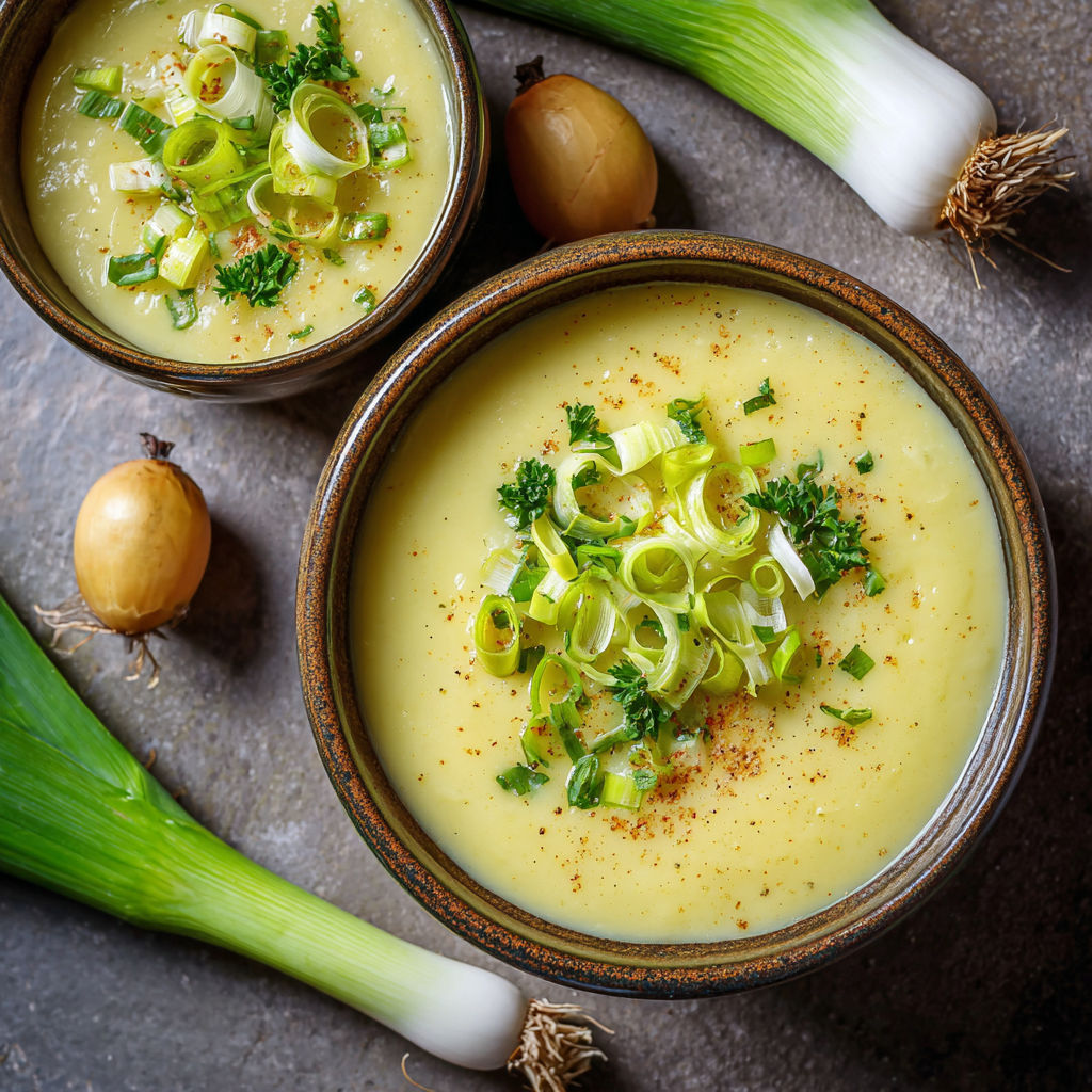 A bowl of soup with vegetables and a leek.