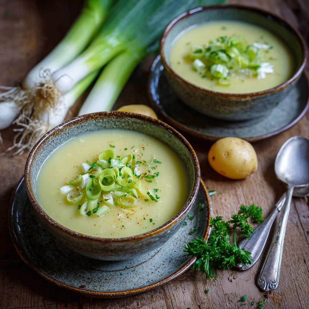 Two bowls of creamy soup with green onions.