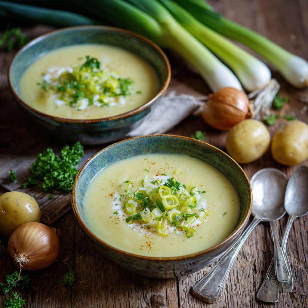 Two bowls of creamy soup with green toppings.