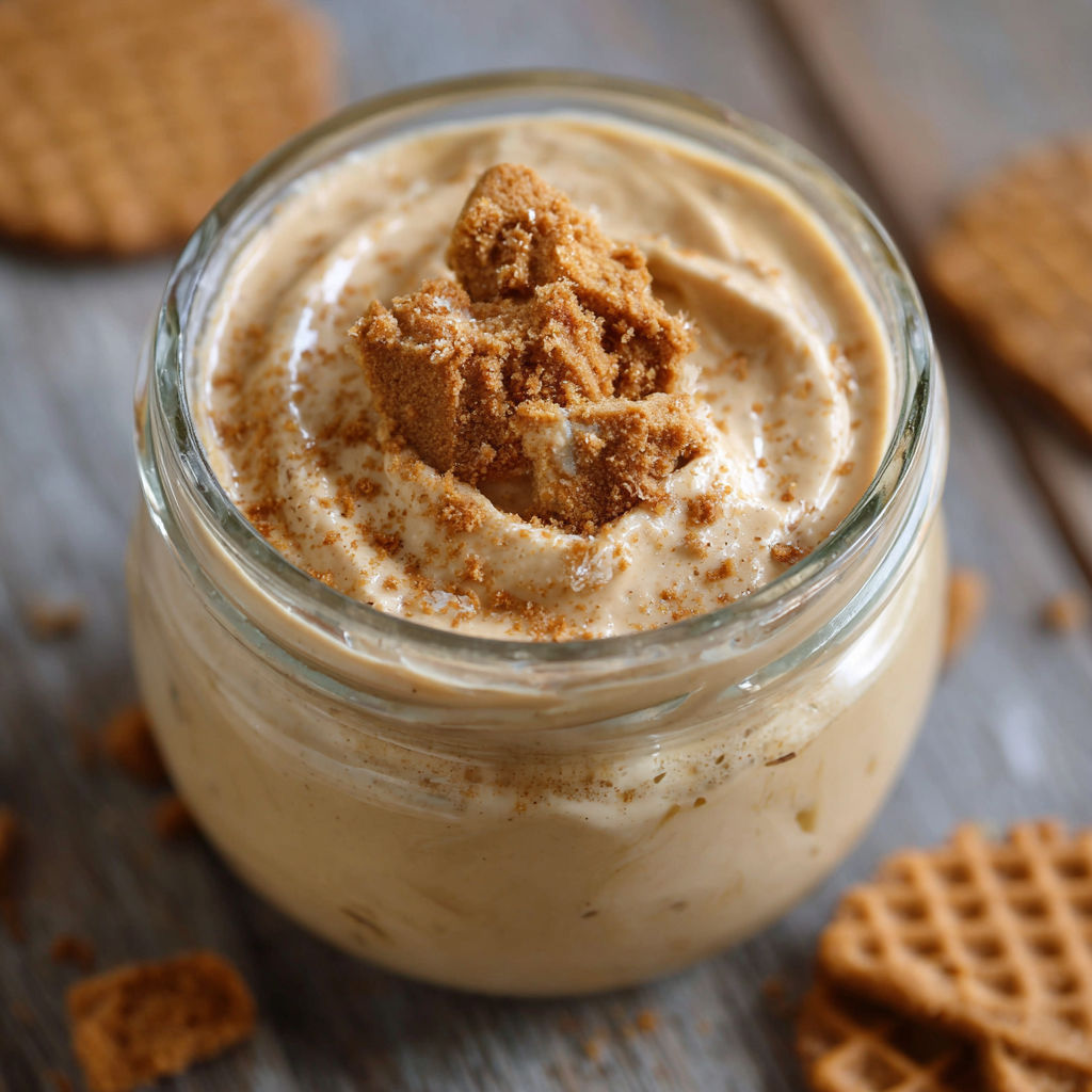 A glass of Spekulatiuscreme with a cookie on top.