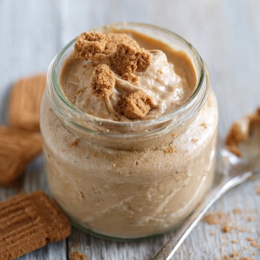A glass jar of food with a spoon in it.