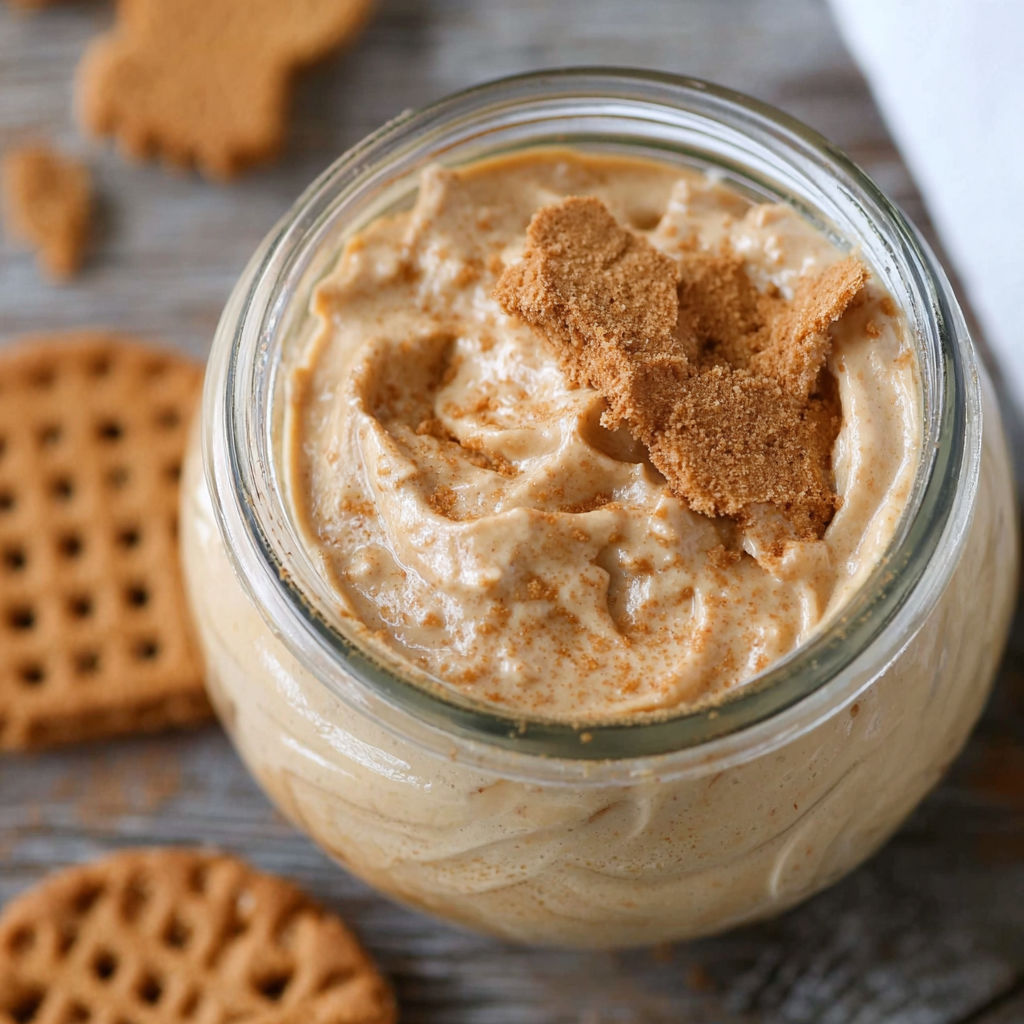 A jar of food with a cookie on top.