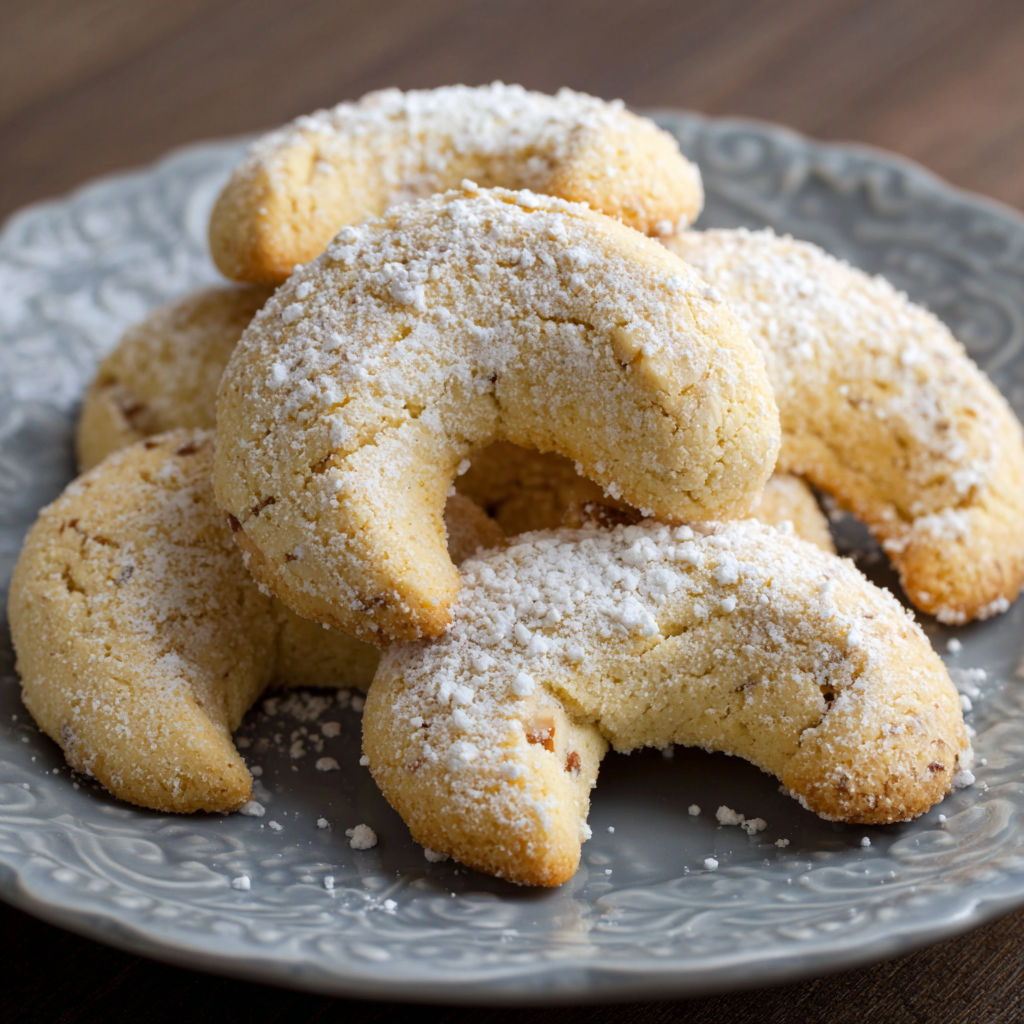 A plate of cookies with powdered sugar on top.