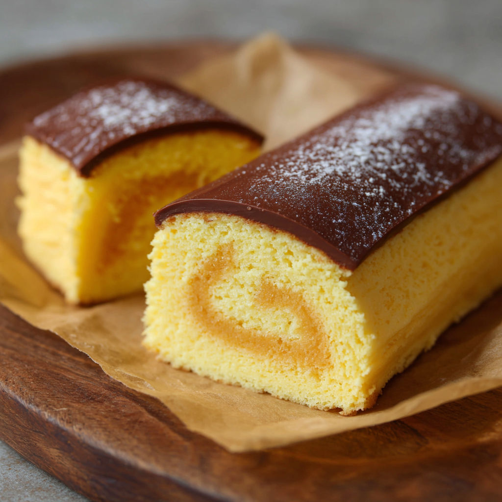 A slice of cake with chocolate and powdered sugar on top.