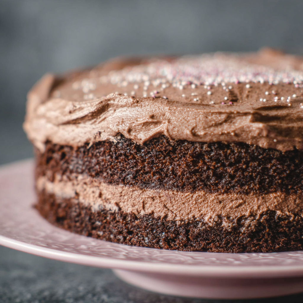 A slice of chocolate cake with sprinkles on a plate.