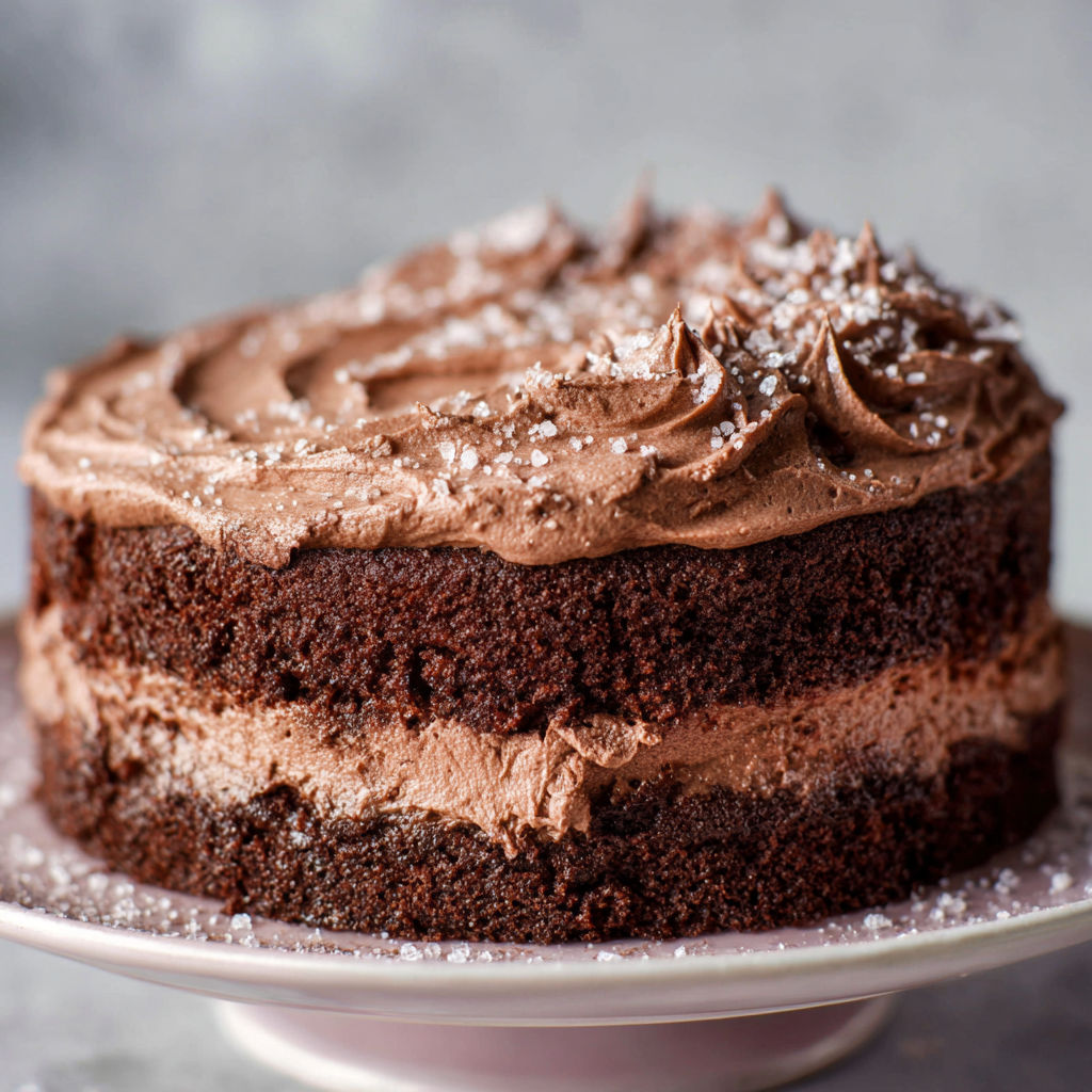 A chocolate cake with white frosting and sprinkles.