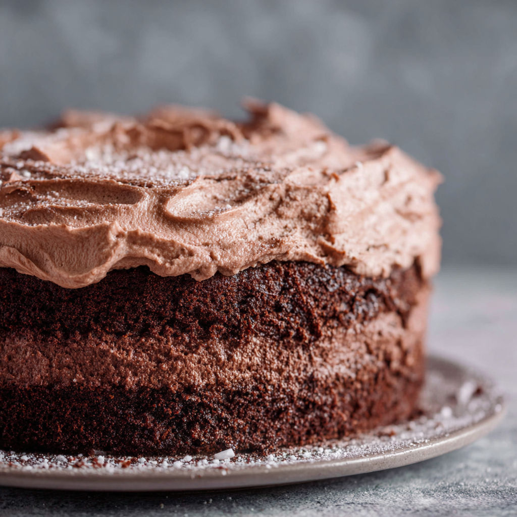 A chocolate cake with white powder on top.