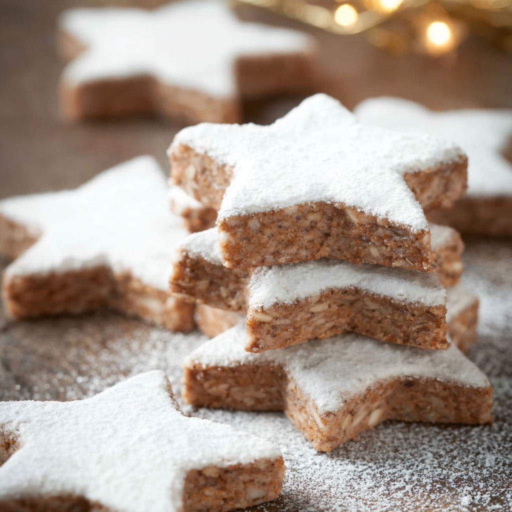 A stack of cookies with white powder on top.
