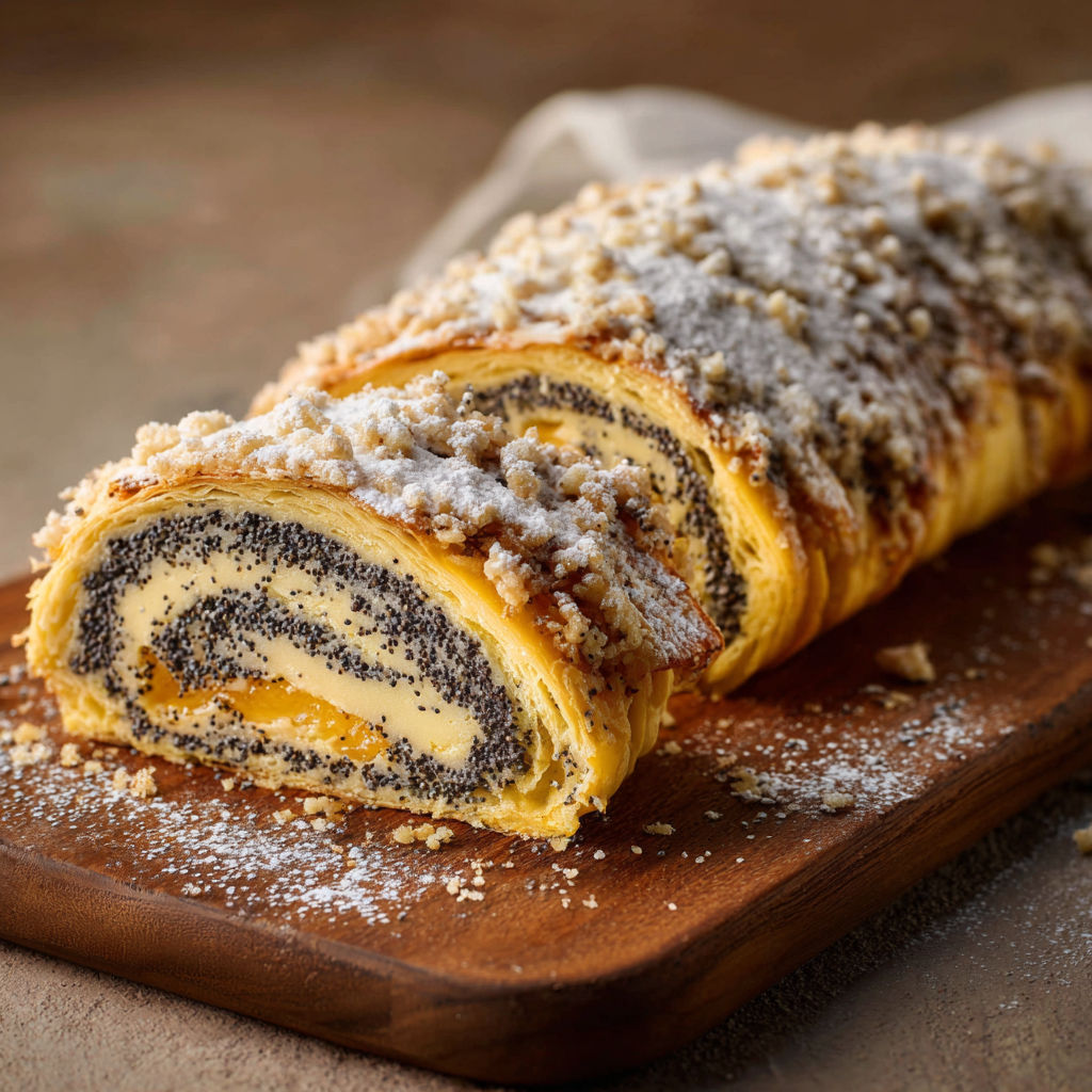 A Mohnstriezel is on a wooden board.