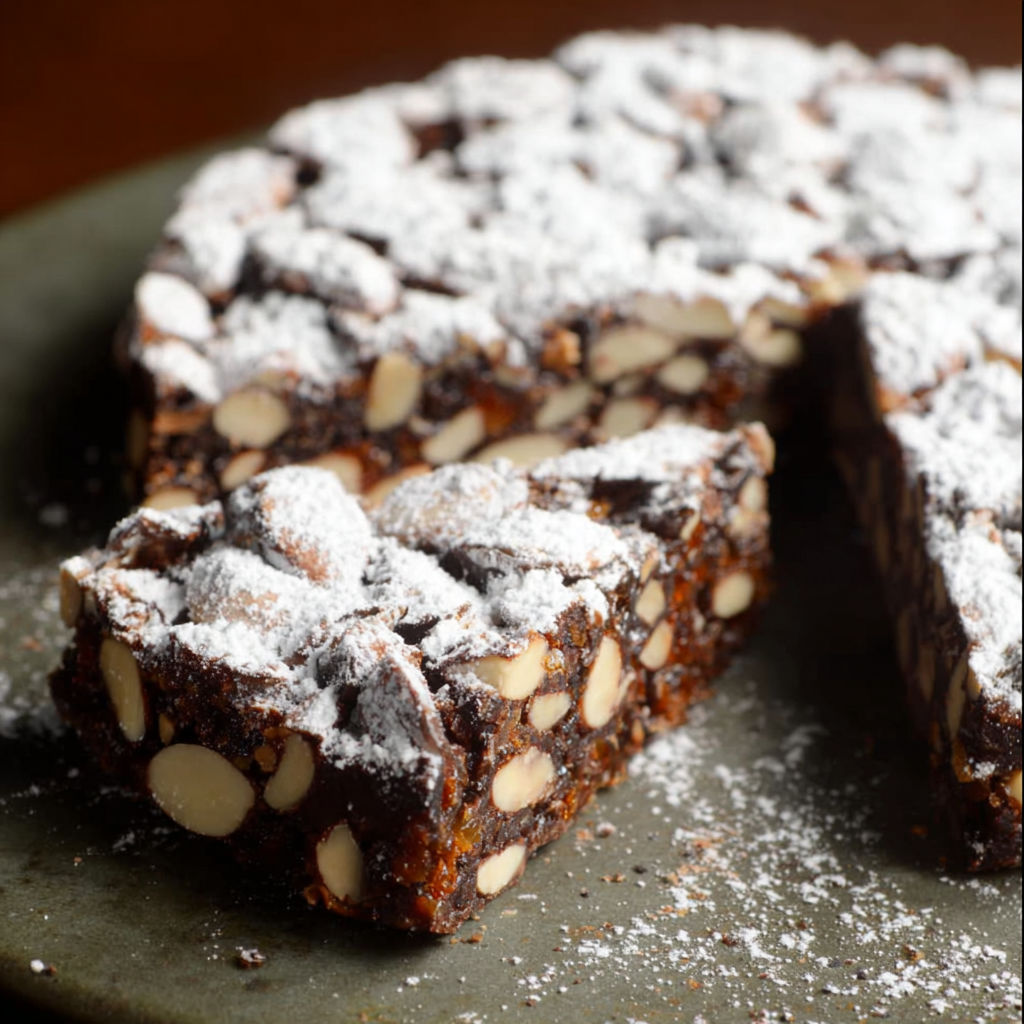 A slice of panforte on a plate.