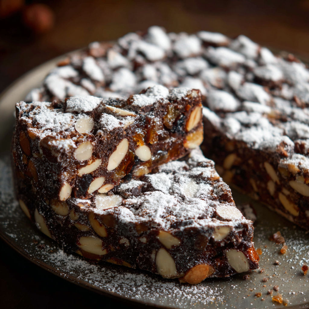 A slice of panforte on a plate.