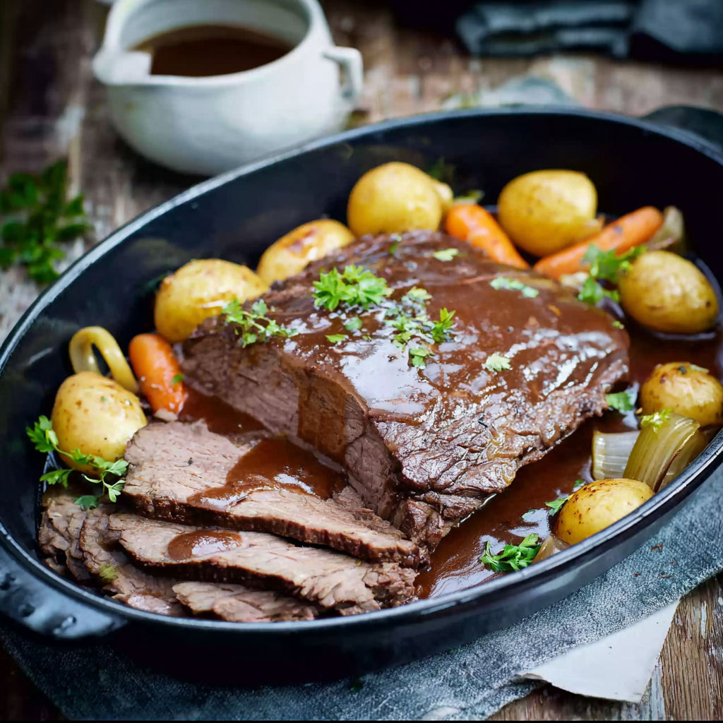 A dish of meat with potatoes and carrots.