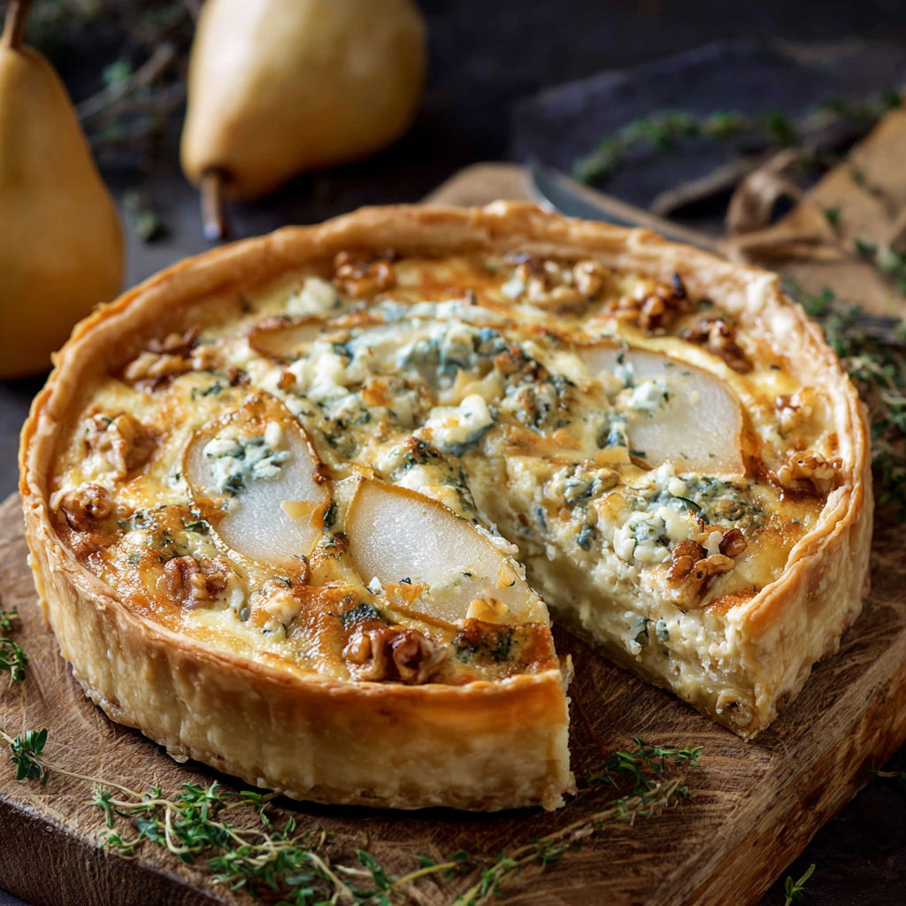 A slice of quiche with pears and gorgonzola cheese.