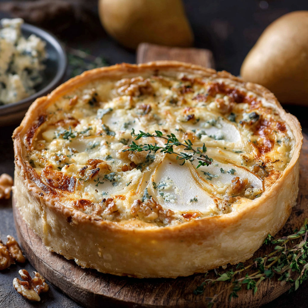 A cheese and onion quiche with a side of dip.