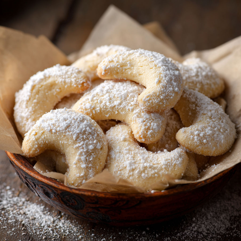 A bowl of powdered sugar covered cookies.