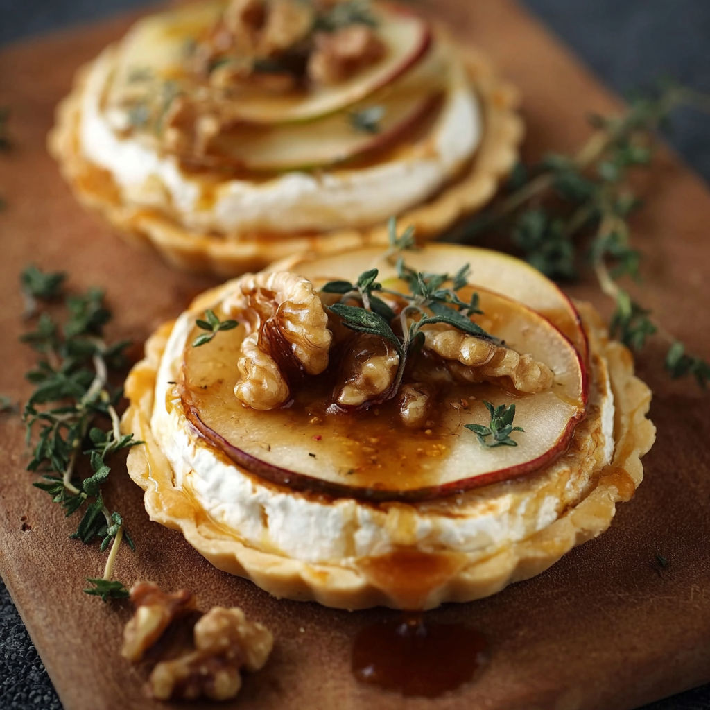 Two apples with walnuts and cheese on top.