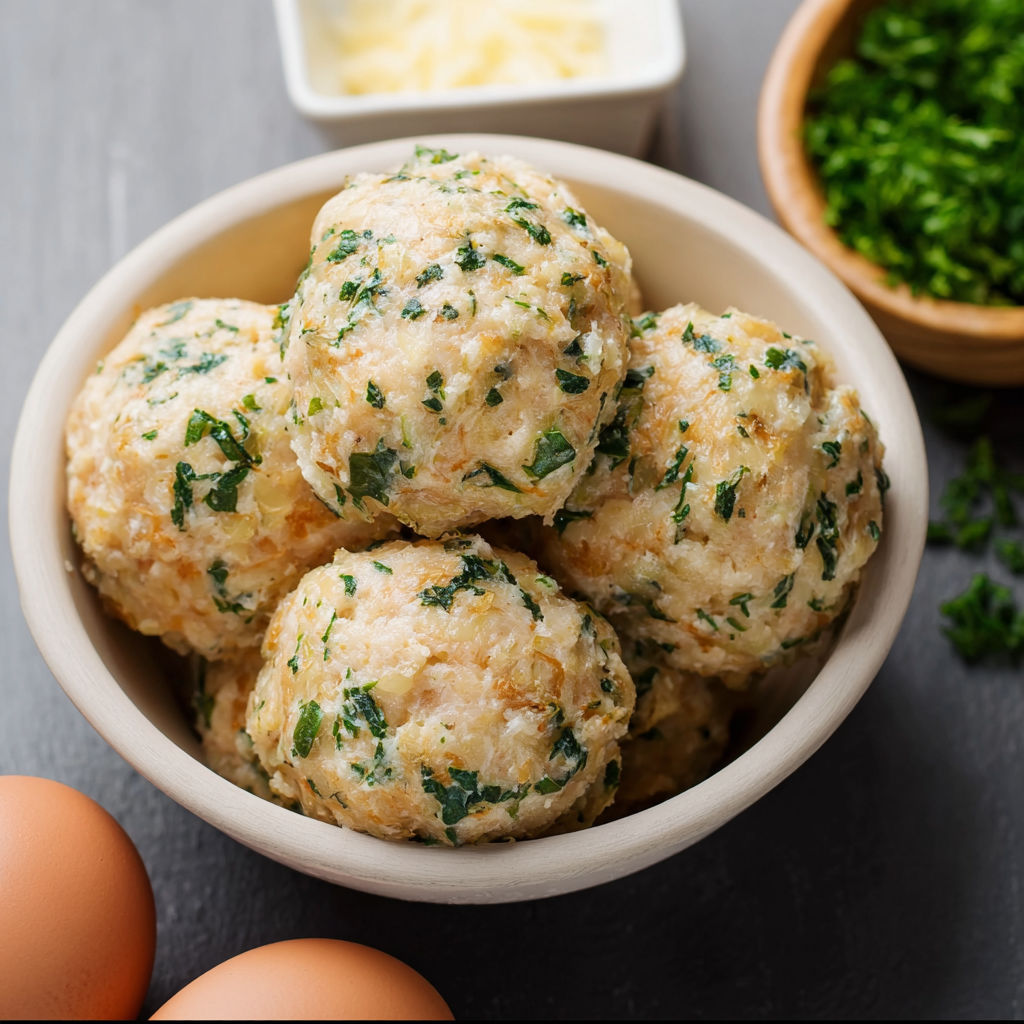 A bowl of meatballs with greens on top.