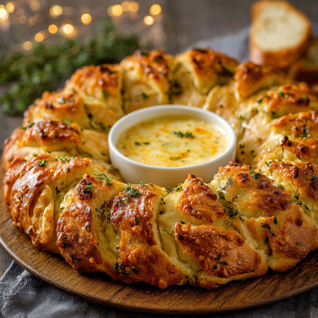 A plate of bread with a bowl of dip.