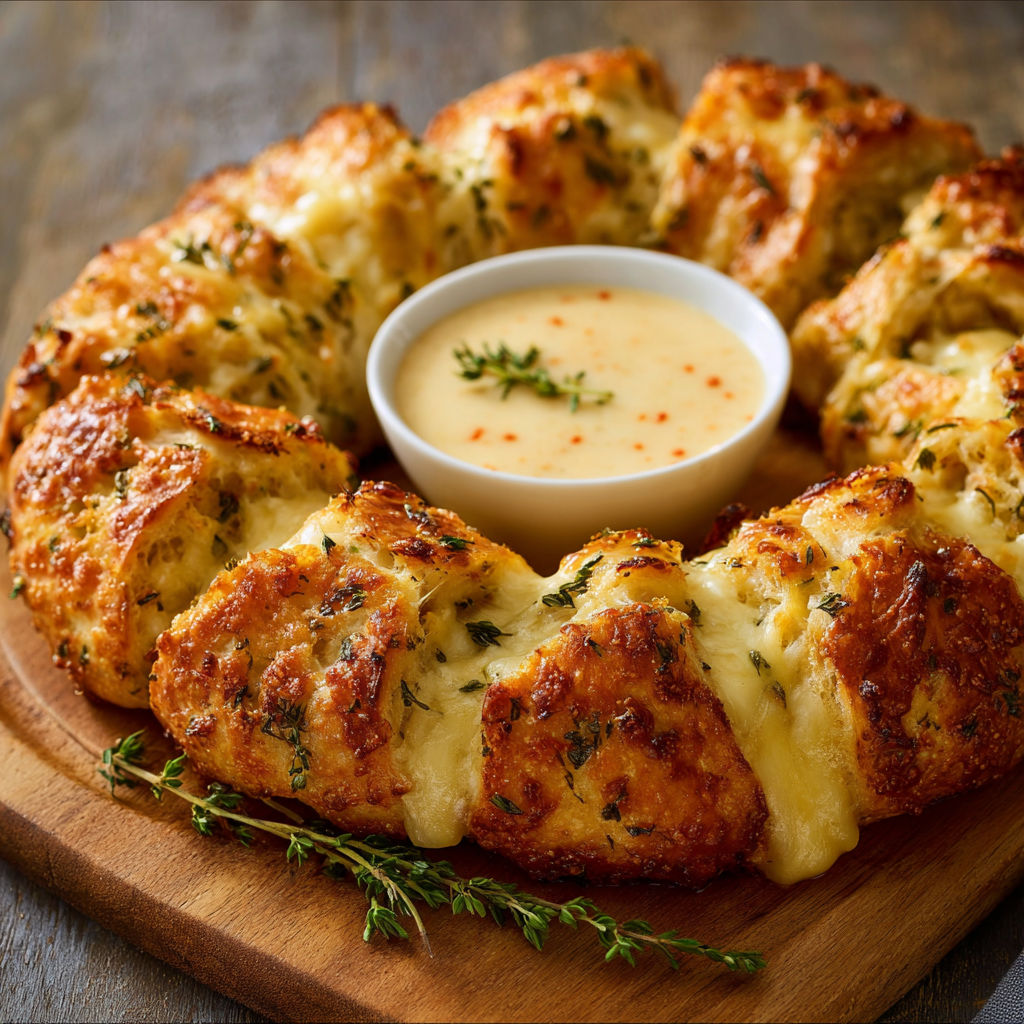 A bowl of cheese dip sits in the center of a plate of bread.