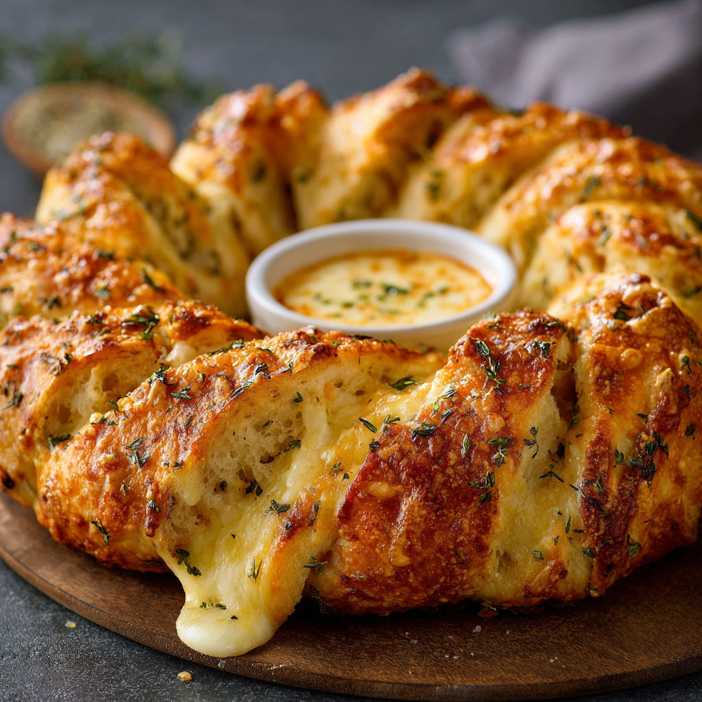 A cheesy bread dish with a bowl of sauce on top.