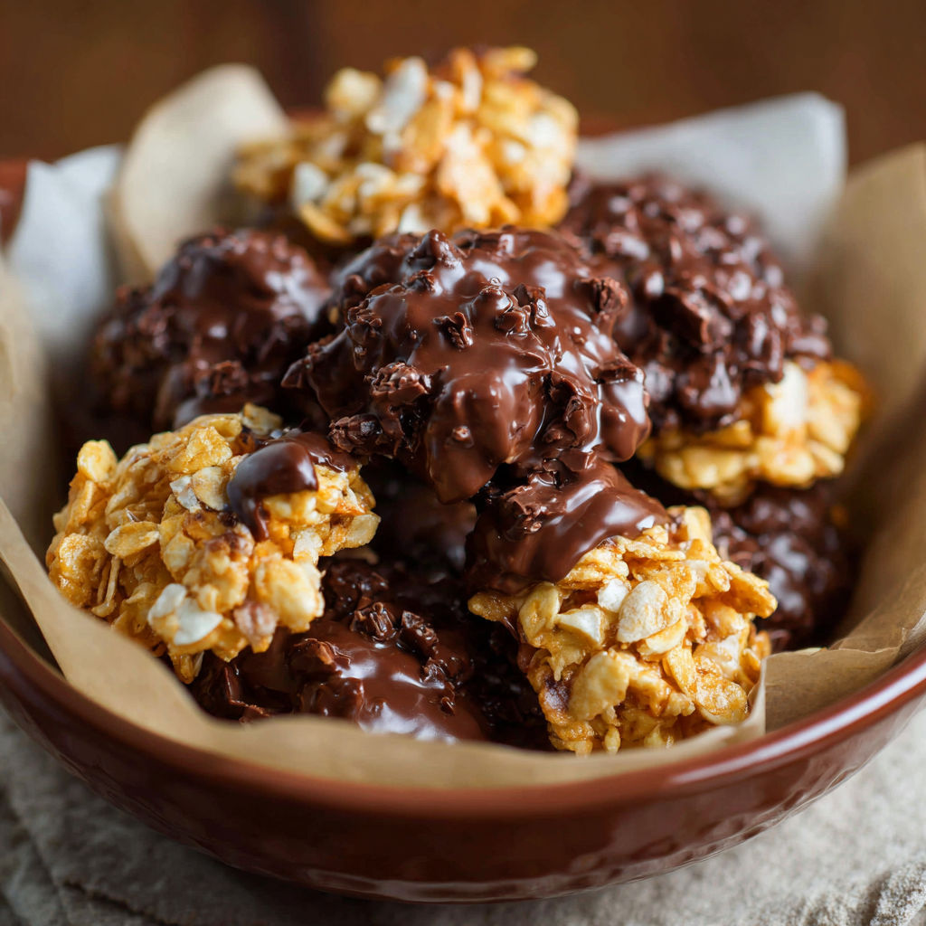 A bowl of chocolate covered popcorn.