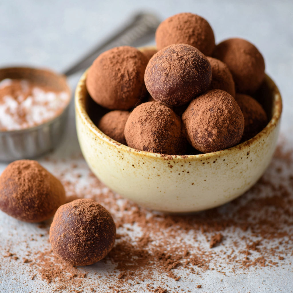 A bowl of chocolate balls with a spoon in it.