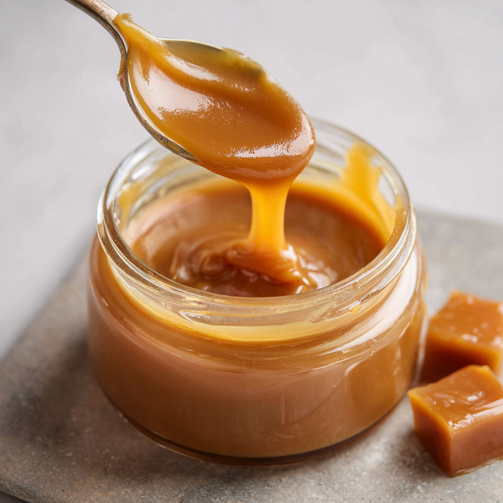 A jar of caramel sauce being poured into a bowl.