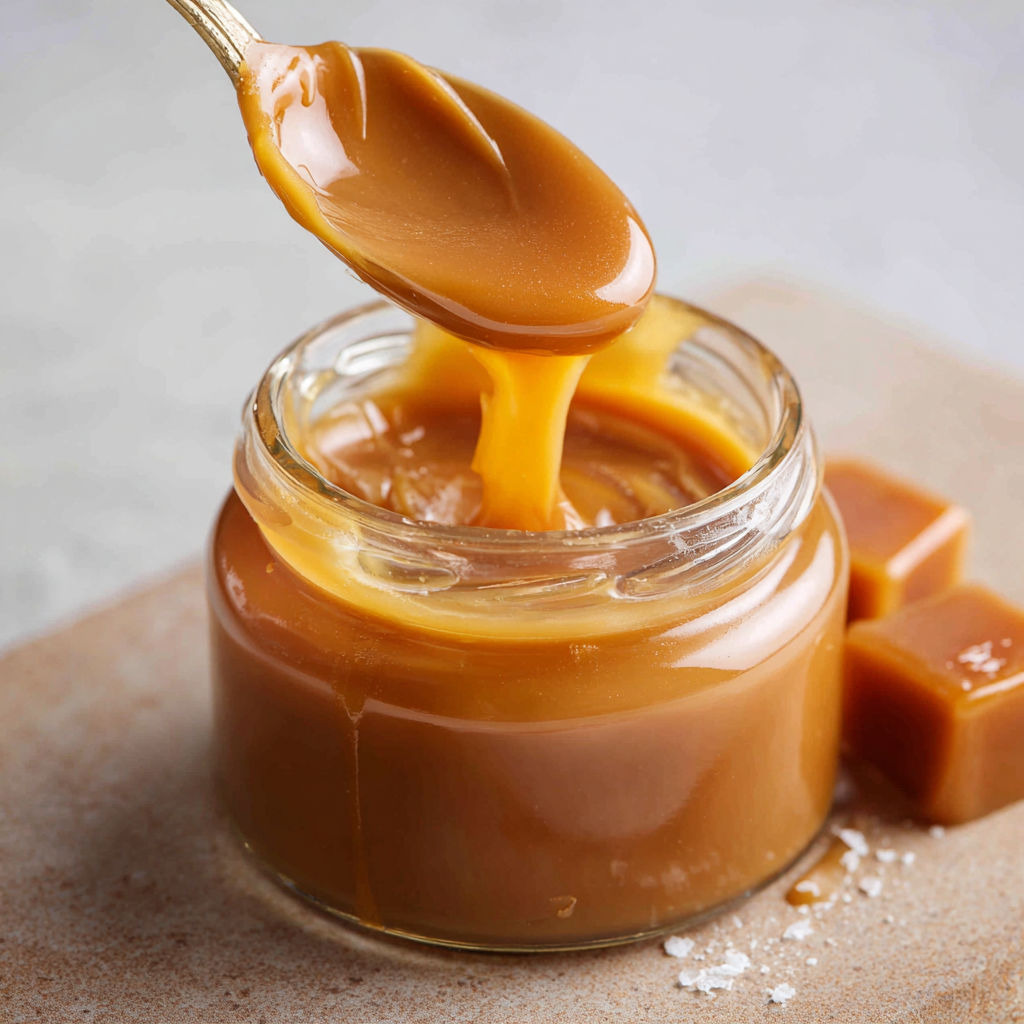 A jar of caramel sauce being poured.