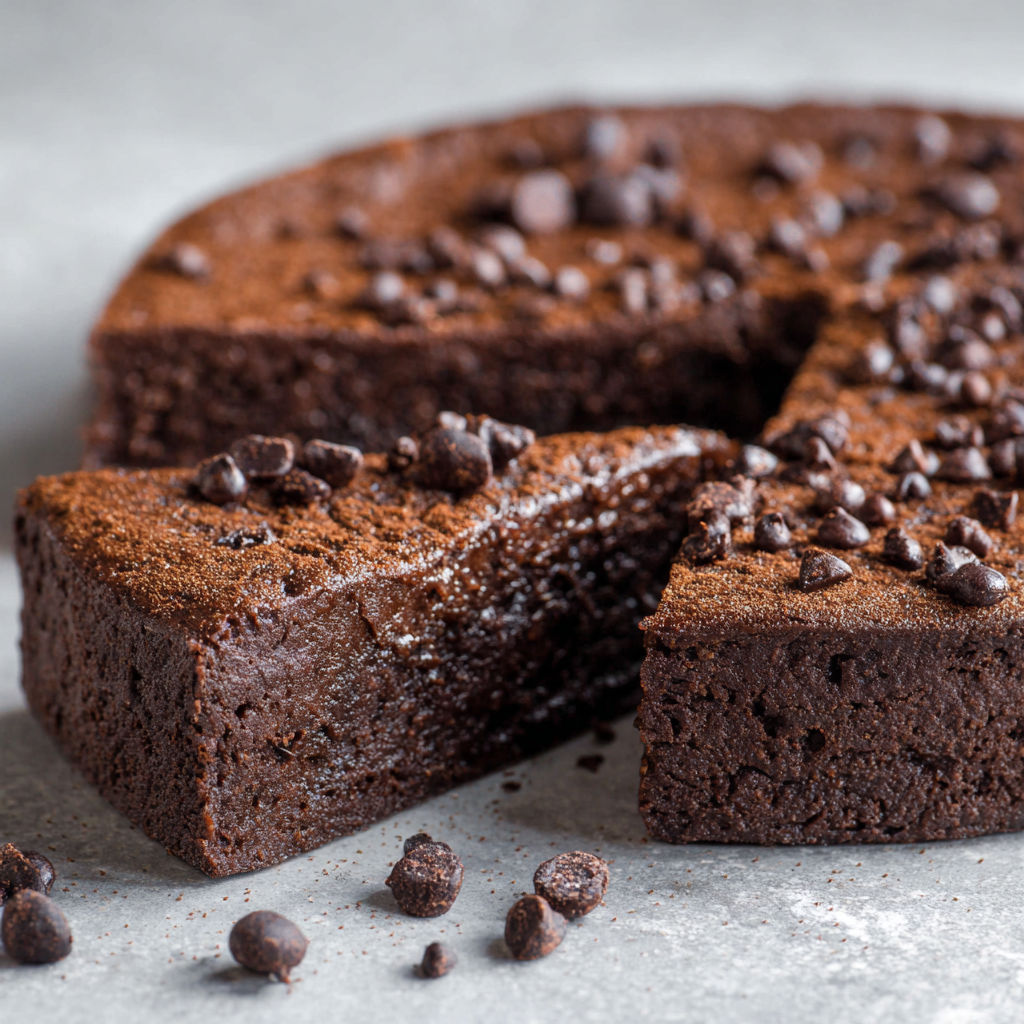 A slice of chocolate cake with chocolate chips.
