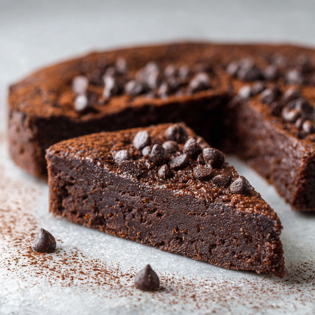 A slice of chocolate cake with chocolate chips.
