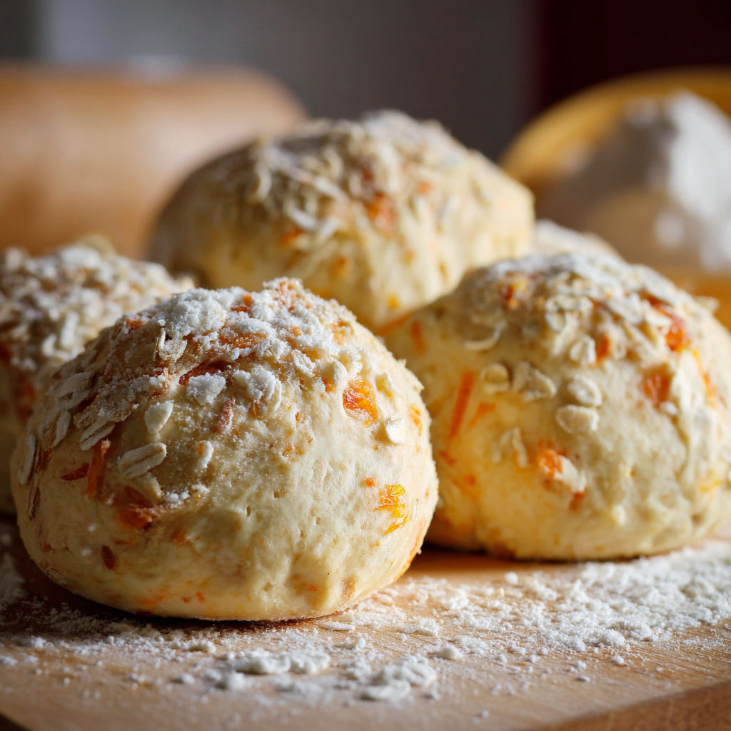 Three balls of dough with orange zest on a table.